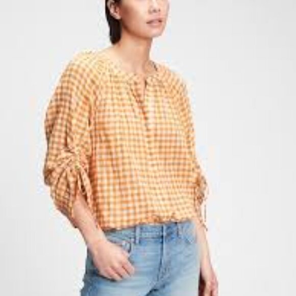 GAP Yellow Gingham‎ Ruched Sleeve Top SZ L - Picture 2 of 10